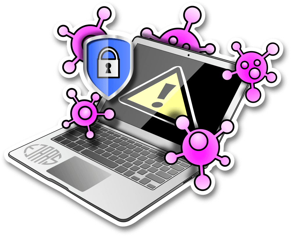 laptop with security shield and a sign with exclamation mark indicating virus attack