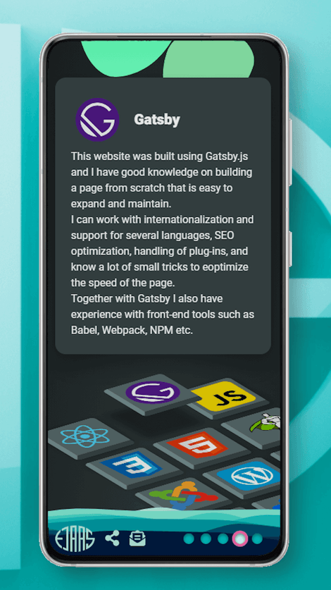 Screenshot of larsejaas.com skills page on smartphone