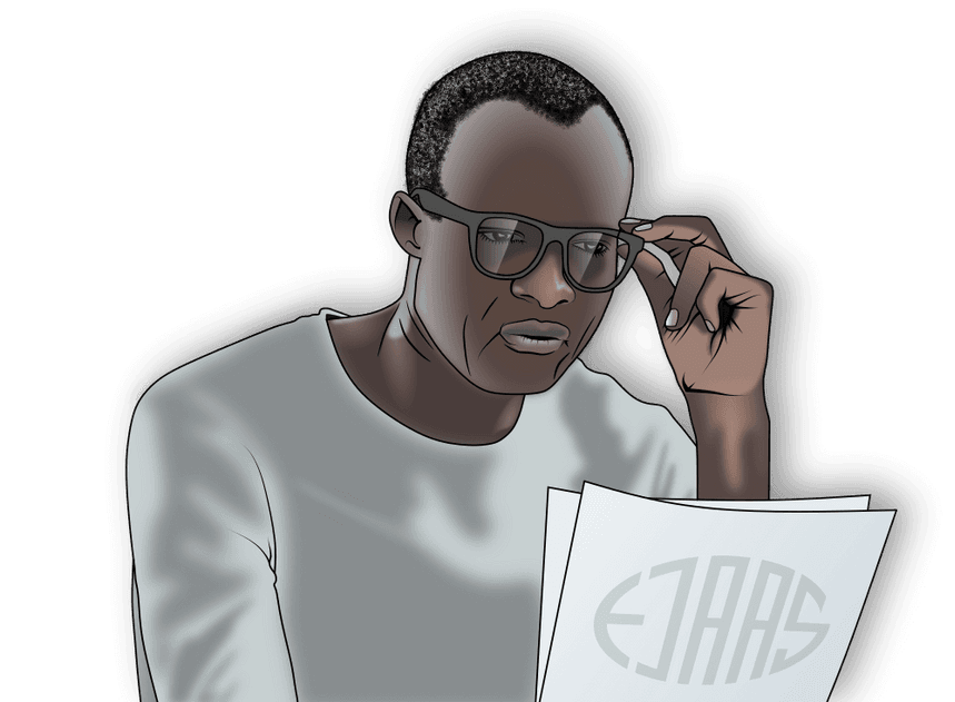 man reading papers touching his glasses